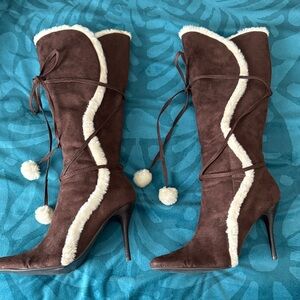 Brown Suede Knee-High Boots with Cream Trim